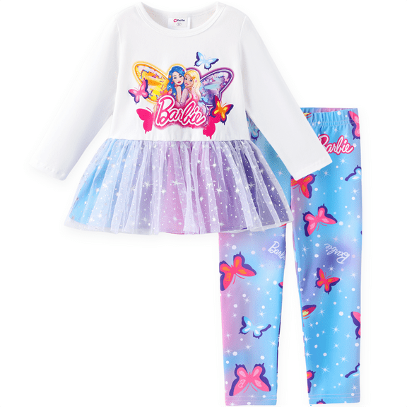 Barbie Girls Fashion Tutu Dress Top and Butterfly Print Graphic Legging Pants 2Pcs Long Sleeve Outfit Sets Sizes 2-9Y