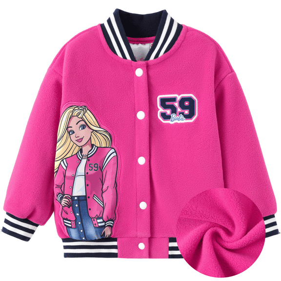 Barbie Girls Fleece Bomber Jacket Graphic Baseball Jacket Cartoon Kids Sweatshirt Varsity Bomber Outerwear Coat Sizes 3-10