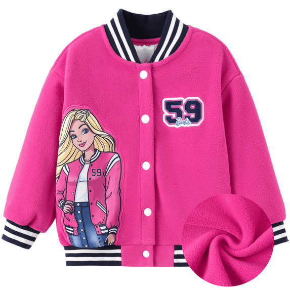 Barbie Girls Fleece Bomber Jacket Graphic Baseball Jacket Cartoon Kids Sweatshirt Varsity Bomber Outerwear Coat Sizes 3-10