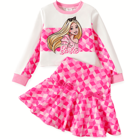 Barbie Girls Graphic Sweatshirts with Pink Plaid Pleated Skirt Set 2 Pieces Outfit Set Sizes 5-12