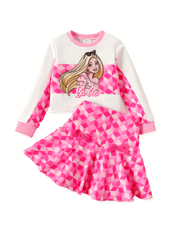 Girls Graphic Sweatshirts with Pink Plaid Pleated Skirt Set 2 Pieces Outfit Set Sizes 5-12