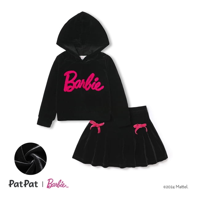 Barbie Girls Letter Print Hoodie with Bowknot Black Pleated Skirt 2 Pieces Outfit Set Sizes 2-6