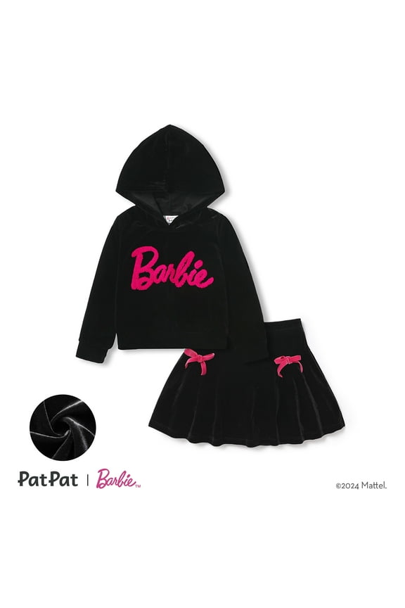 Girls Letter Print Hoodie with Bowknot Black Pleated Skirt 2 Pieces Outfit Set Sizes 2-6