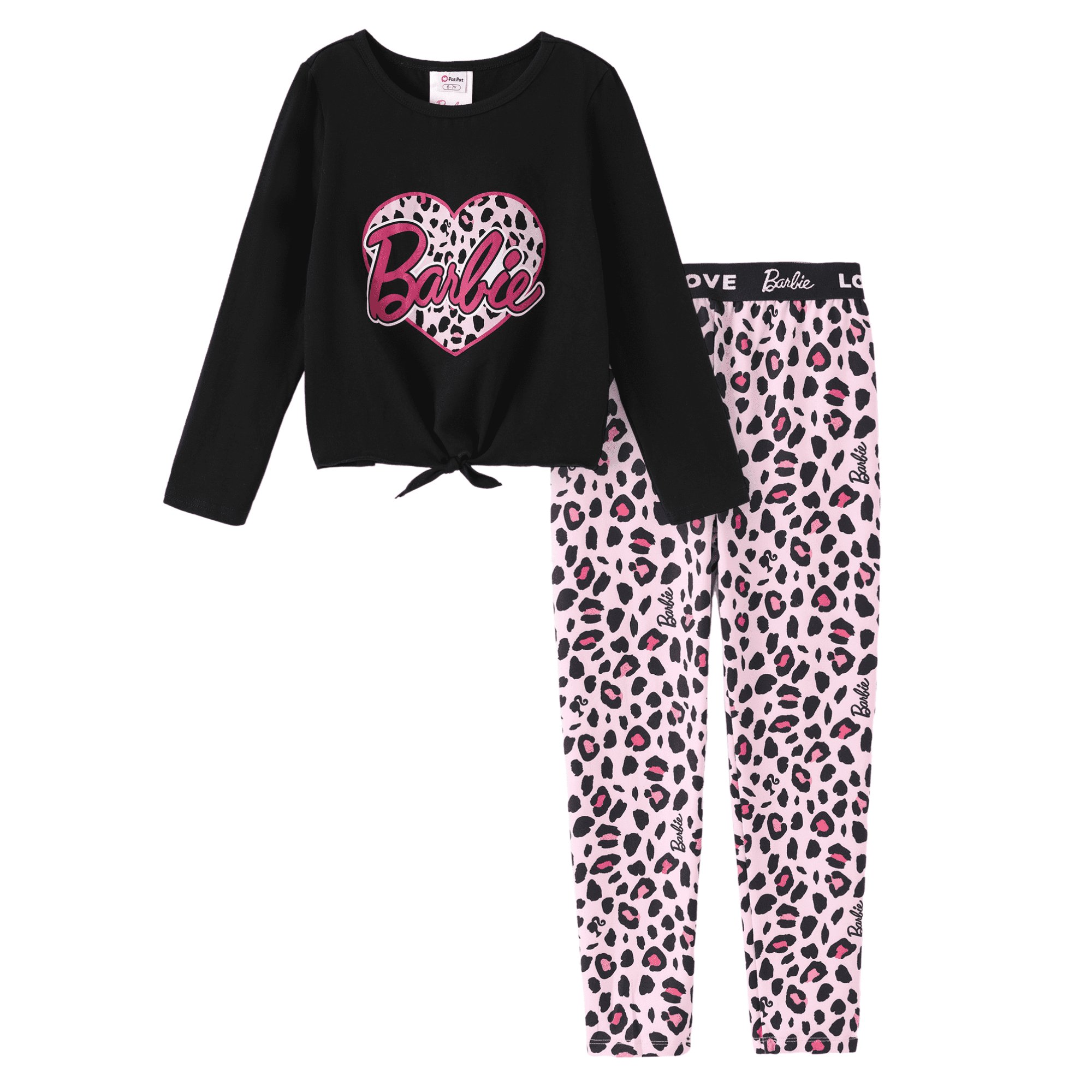 Barbie Girls Long Sleeve Graphic Tee Leopard Heart And Legging 2Pcs Casual Outfit Set Black Pink Sizes 5-12Y