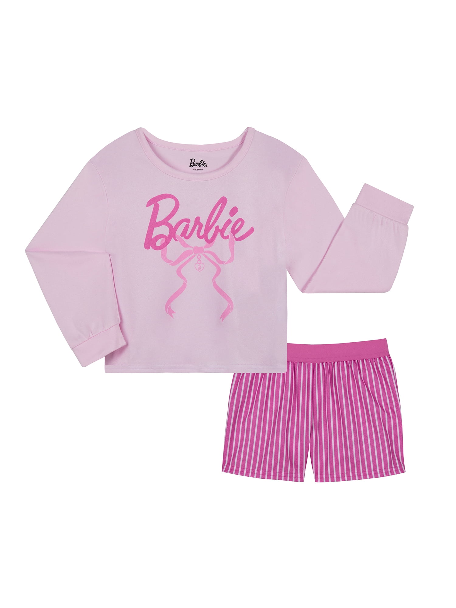 Barbie Girls Long Sleeve Sleep Top and Shorts Pajama Set, 2-Piece, Sizes 4-12