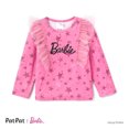 thumbnail image 1 of Barbie Girls Long Sleeves Tee Letter Star Print Mesh Panel Crewneck Pullover Outfits Sizes 2-6, 1 of 7