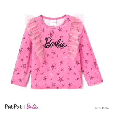 Barbie Girls Long Sleeves Tee Letter Star Print Mesh Panel Crewneck Pullover Outfits Sizes 2-6