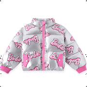 BARBIE Girls Metallic Silver Puffer Outerwear Jacket Pink Script Logo Winter Coat Warm Sizes 3-10Y