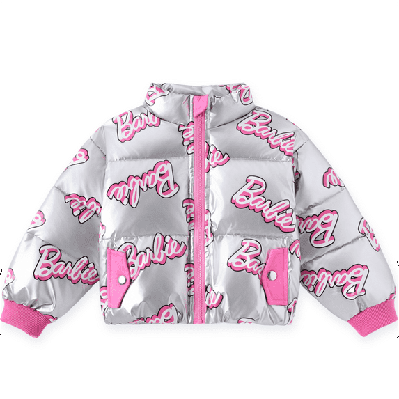 Barbie Girls Metallic Silver Puffer Outerwear Jacket Pink Script Logo Winter Coat Warm Sizes 3-10Y
