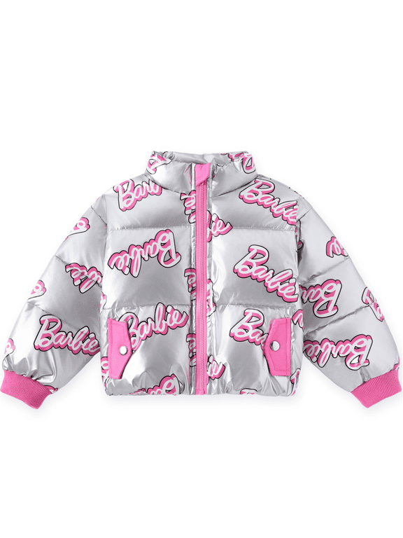 Girls Metallic Silver Puffer Outerwear Jacket Pink Script Logo Winter Coat Warm Sizes 3-10Y