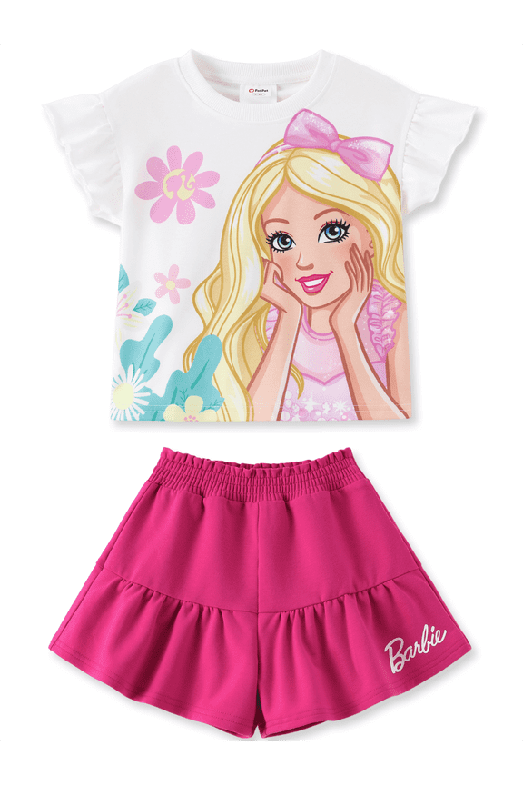 Girls Outfit Set Graphic Ruffle Sleeve T-Shirt with Pink Skirted Shorts 2 Piece Summer Set Girls Fashion Sizes 6-7Y
