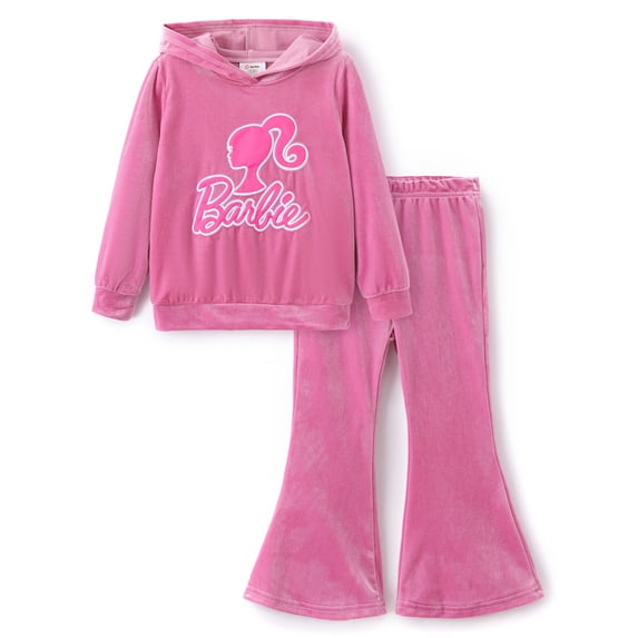 Barbie Girls Outfit Set Logo Applique Graphic Hoodie Flare Pants Velour 2 Piece Kids Clothes 2T-9Y