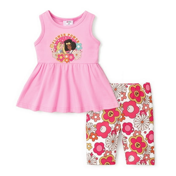Barbie Girls Outfit Set Sleeveless Graphic Pink Tee with Floral Short Leggings Sizes 3-10