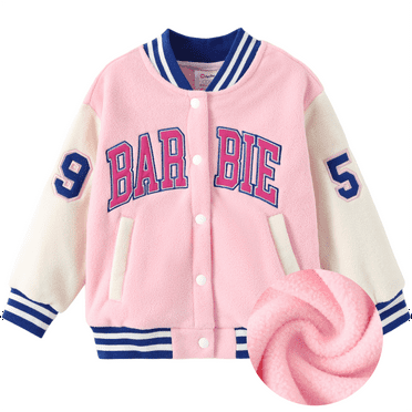 Barbie Girls Pink Fleece Bomber Jacket Kids Graphic Baseball Coat Varsity Jacket Warm Fall Sweatshirt Outerwear Sizes 3-10
