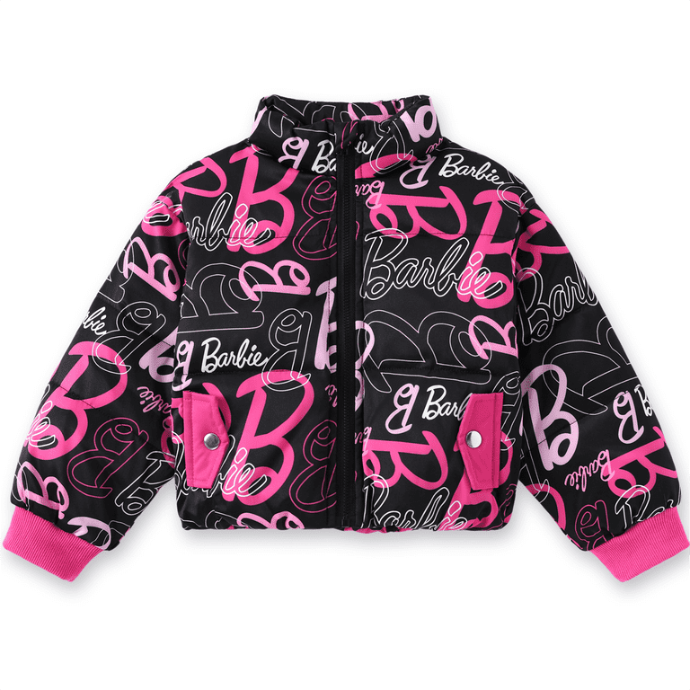 Barbie Girls Puffer Outerwear Jacket Black Pink Logo Allover Print 
