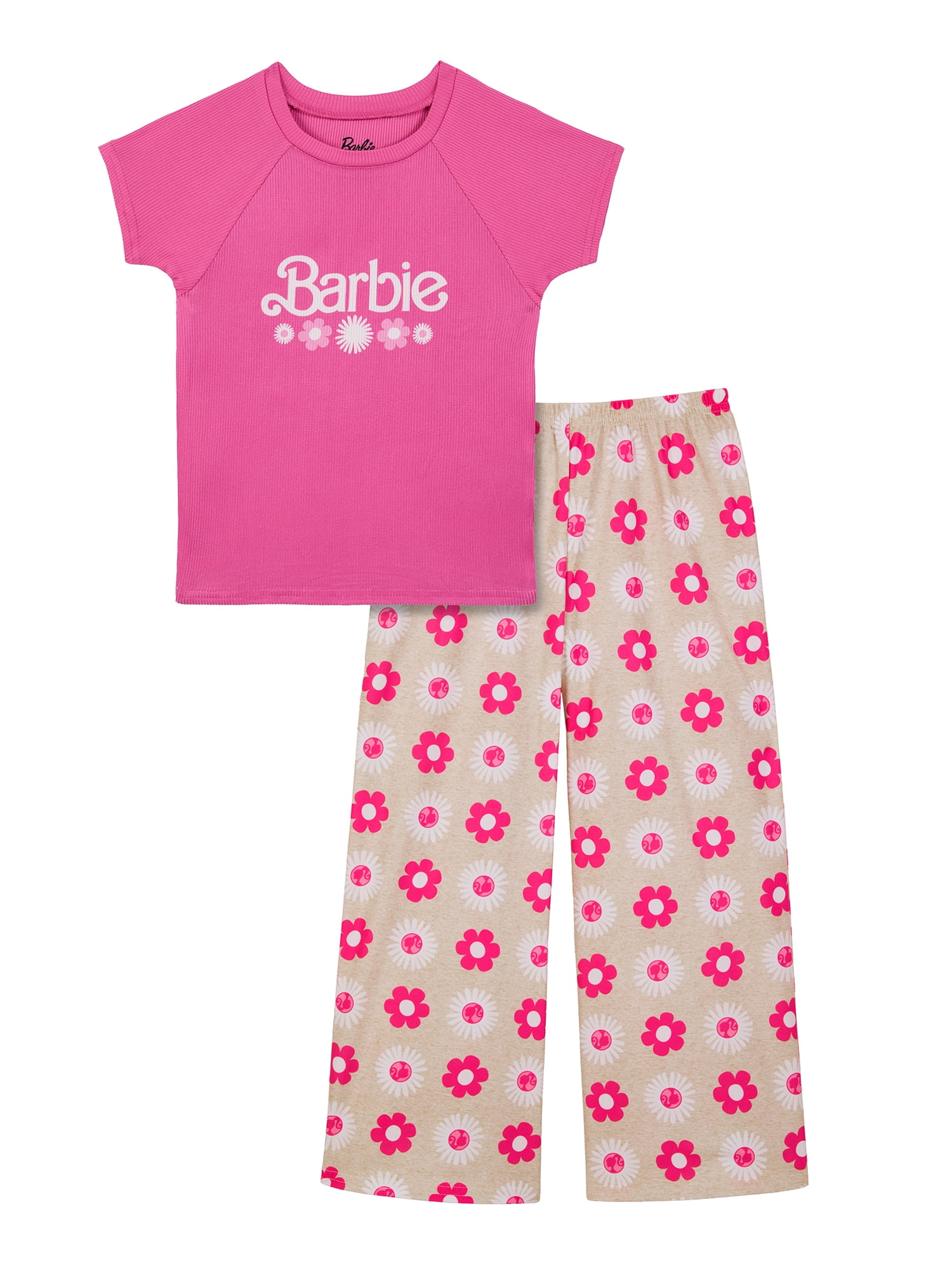 Barbie Girls Short Sleeve Snug Fit Sleep Top and Pants Pajama Set, 2-Piece, Sizes 4-10