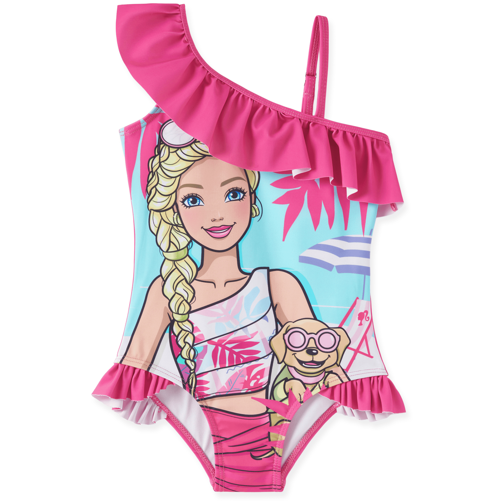 Barbie Girls Swimsuit Graphic One Piece Ruffle Swimwear One Shoulder Bathing Suit Sizes 4-5Y