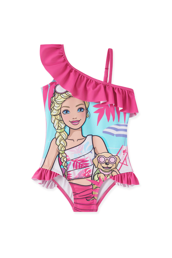 Girls Swimsuit Graphic One Piece Ruffle Swimwear One Shoulder Bathing Suit Sizes 6-7Y