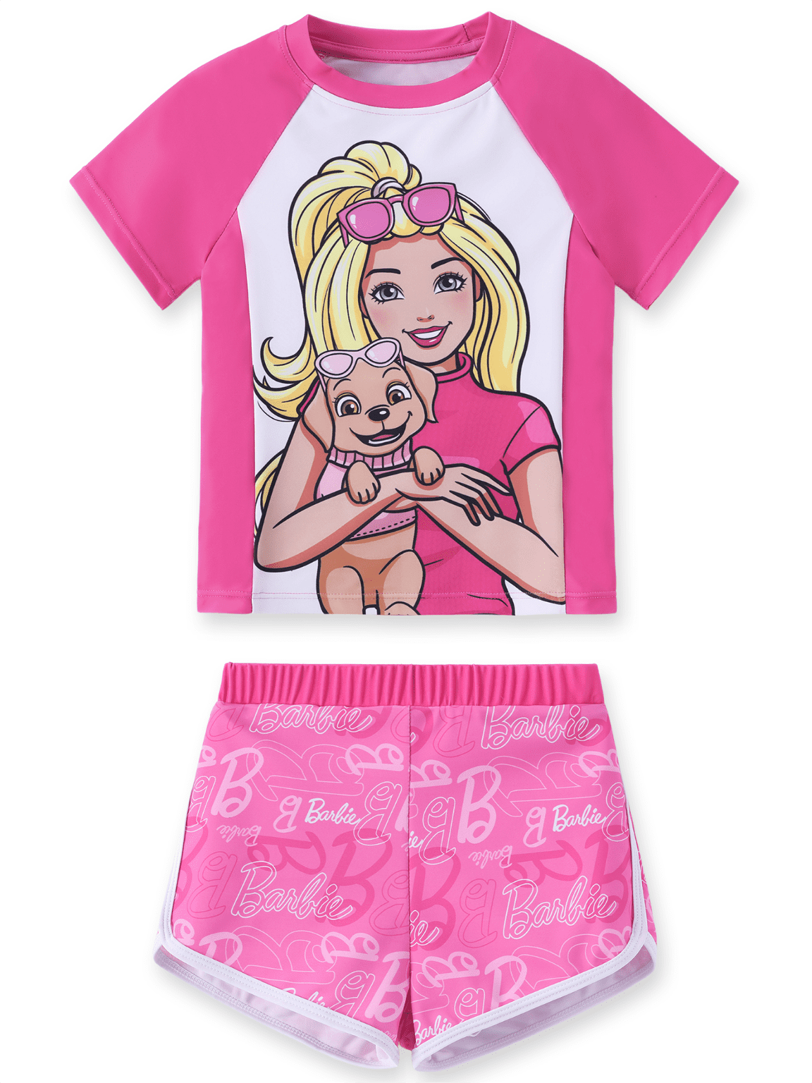 Barbie Girls Swimsuit Rash Guard Short Sleeve Raglan Graphic Top Matching Swim Shorts 2 Piece Swim Set Sizes 6-7Y