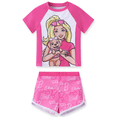 thumbnail image 1 of Barbie Girls Swimsuit Rash Guard Short Sleeve Raglan Graphic Top Matching Swim Shorts 2 Piece Swim Set Sizes 6-7Y, 1 of 13