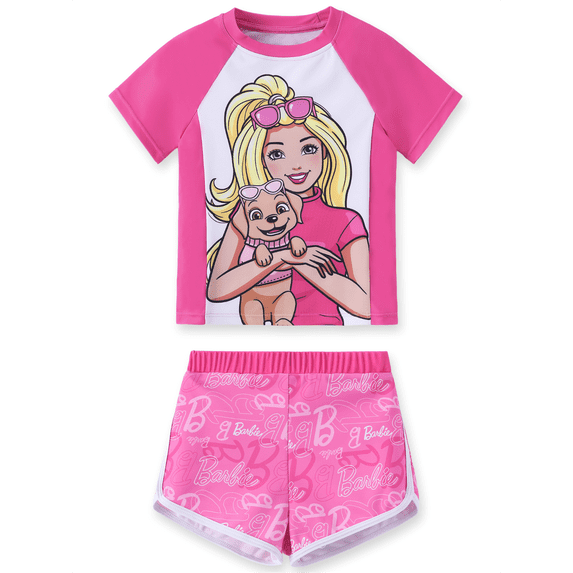Barbie Girls Swimsuit Rash Guard Short Sleeve Raglan Graphic Top Matching Swim Shorts 2 Piece Swim Set Sizes 6-7Y