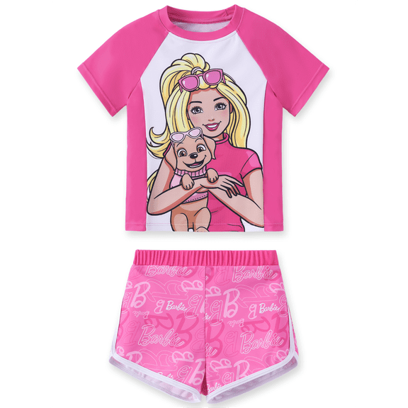 Barbie Girls Swimsuit Rash Guard Short Sleeve Raglan Graphic Top Matching Swim Shorts 2 Piece Swim Set Sizes 6-7Y
