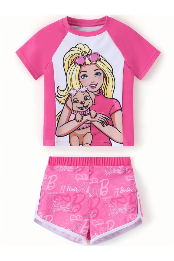 Girls Swimsuit Rash Guard Short Sleeve Raglan Graphic Top Matching Swim Shorts 2 Piece Swim Set Sizes 6-7Y