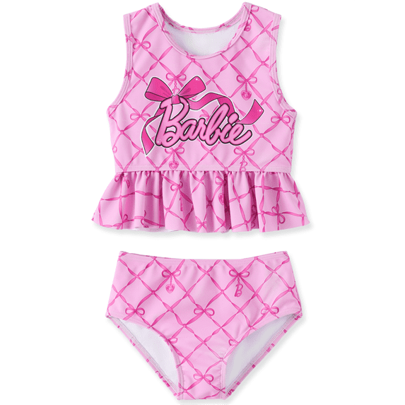 Barbie Girls Swimsuit Set Bow Print Graphic Ruffle Peplum Tankini Top Swim Bottoms 2 Piece Tankini Swimwear Sizes 4-5Y