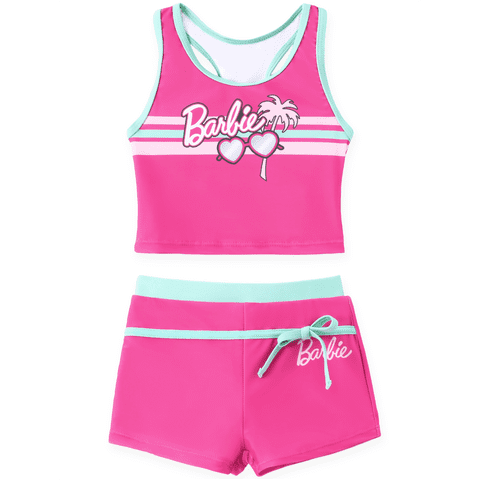 Barbie Girls Swimsuit Two Piece Set Tankini Crop Top Swim Shorts Bathing Suit Sizes 6-7Y