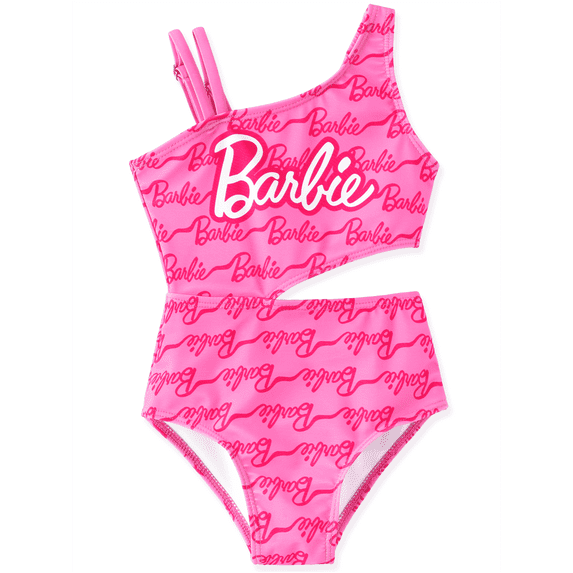 Barbie Girls Swimsuit Waist Cutout Allover Print One Piece Swimwear One Shoulder Bathing Suit Sizes 12-13Y