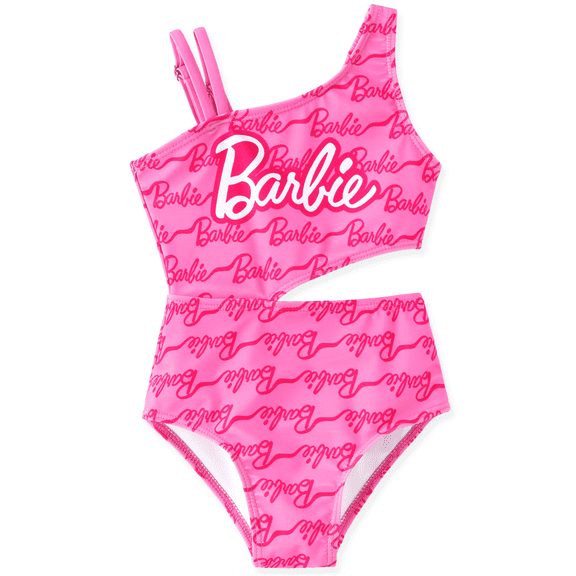 Barbie Girls Swimsuit Waist Cutout Allover Print One Piece Swimwear One Shoulder Bathing Suit Sizes 6-7Y