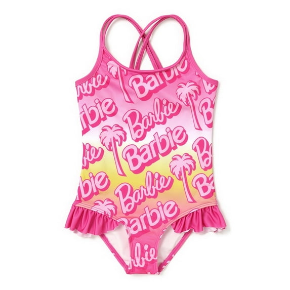 Barbie Girls Tankinis Pink Gradient Letter Print Beach Ruffled Strap One Piece Swimsuit Sizes 2-9