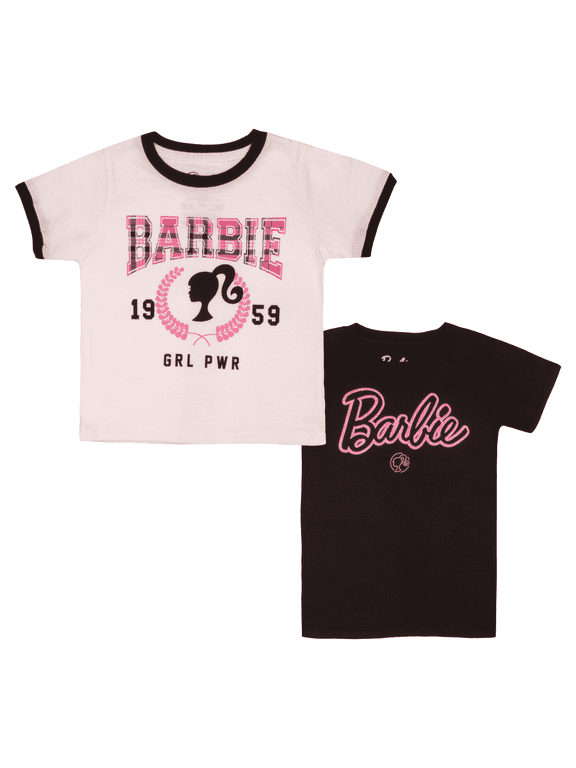Girls Tee Varsity Text 1959 GRL PWR Babie Logo Silhouette T-shirts for Girls 2-Pack Bundle Set (Sizes 4-16)