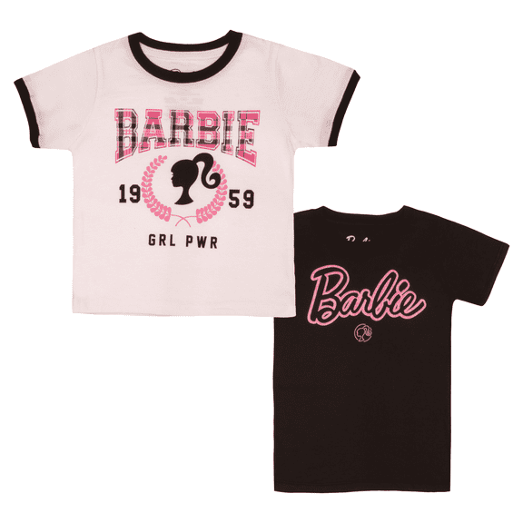 Barbie Girls Tee Varsity Text 1959 GRL PWR Babie Logo Silhouette T-shirts for Girls 2-Pack Bundle Set (Sizes 4-16)
