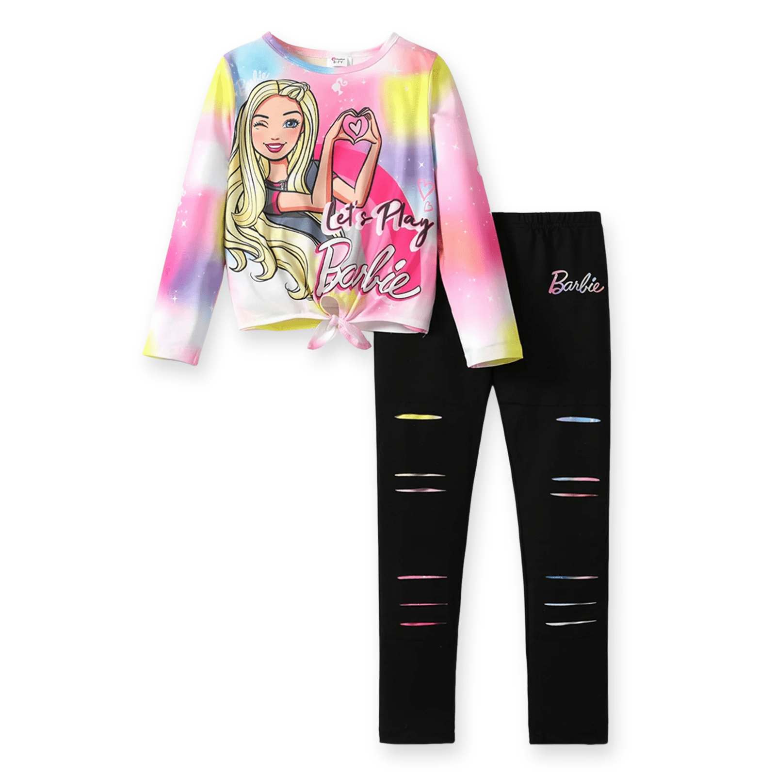 Barbie Girls Tie Knot Long Sleeves Tee with Ripped Skinny Pants 2 pieces Outfit Set Gift Sizes 5-12