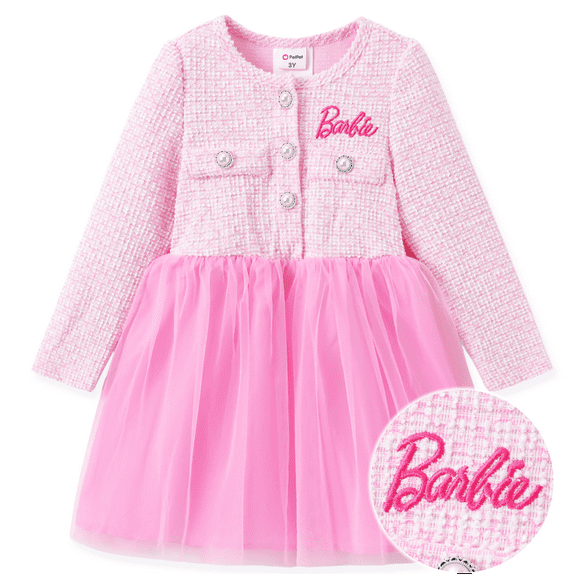 Barbie Girls Tutu Dresses Logo Embroidered Pearl Button Long Sleeves Pink Outfits Sizes 3-10