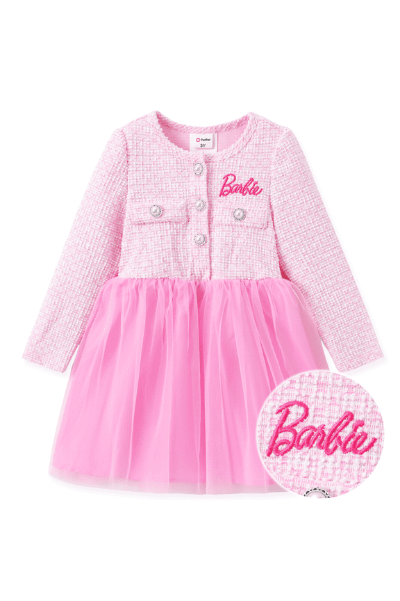 Girls Tutu Dresses Logo Embroidered Pearl Button Long Sleeves Pink Outfits Sizes 3-10