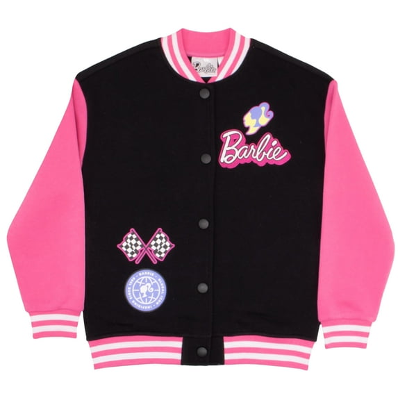 Barbie Girls Varsity Button-Up Bomber Jacket - Fashion Fleece Jacket with Convertible Car Design for Kids (Size 7-16)
