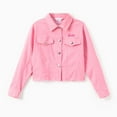 thumbnail image 1 of Barbie Girls Womens Jean Jacket Pink Letter Embroidered Long Sleeves Denim Jacket, 1 of 8