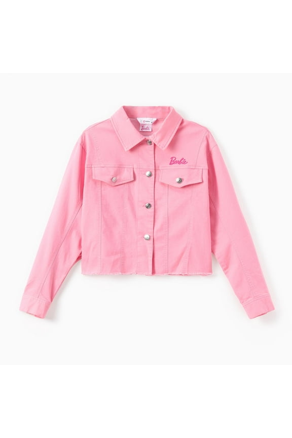 Girls Womens Jean Jacket Pink Letter Embroidered Long Sleeves Denim Jacket