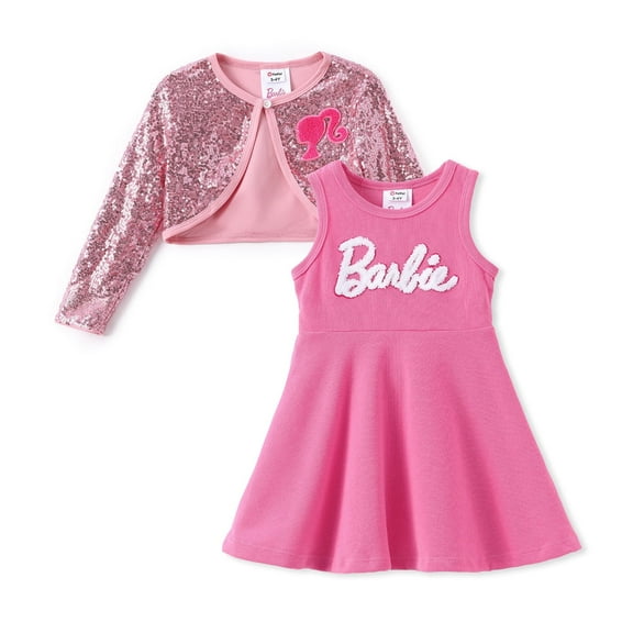 Barbie Grils Dress Set Letter Embroidered Sleeveless Dress with Sequins Long Sleeve Cardigan 2 Pieces Outfit Set Sizes 3-9