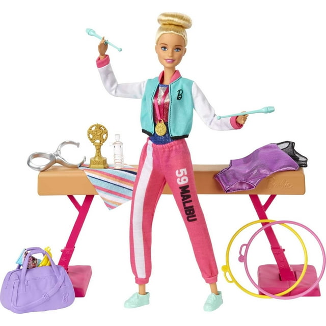 Barbie Gymnastics Playset with Blonde Doll and 15+ Accessories, Twirling Gymnast Toy with Balance Beam