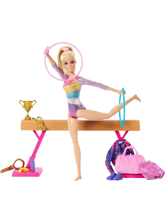 Barbie Gymnastics Playset with Blonde Fashion Doll, Balance Beam, 10+ Accessories & Flip Feature, Toy for 3 Years & Up