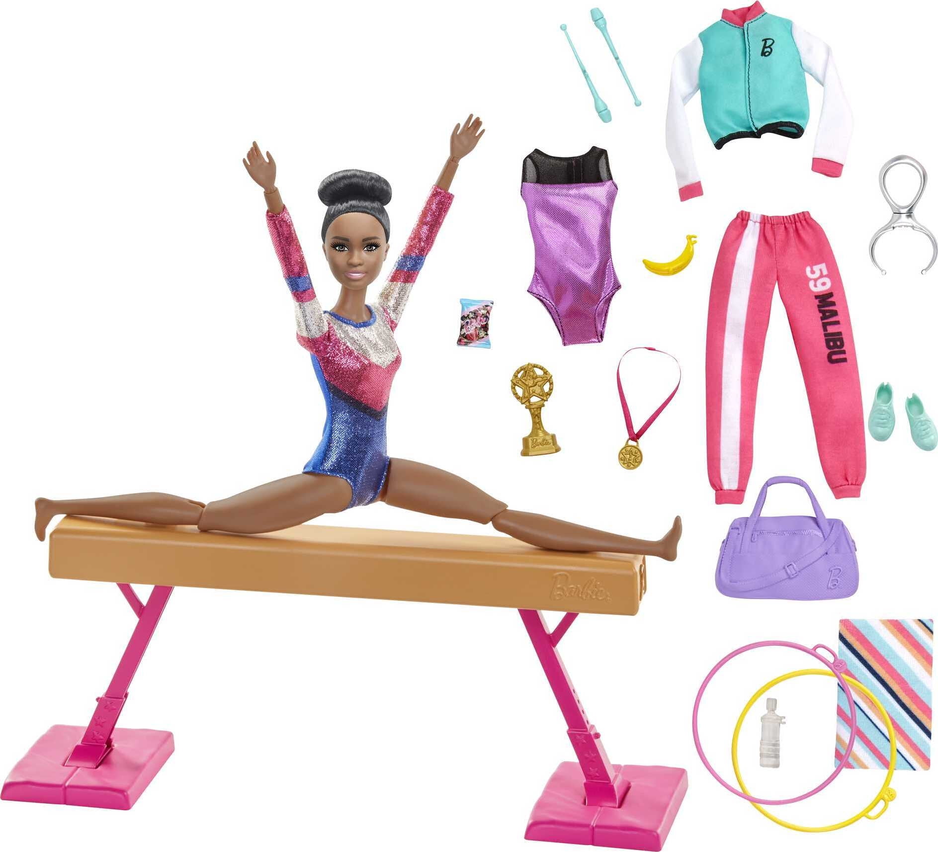 Barbie Gymnastics Playset with Brunette Doll & 15+ Accessories, Includes Twirling Gymnast Toy & Balance Beam