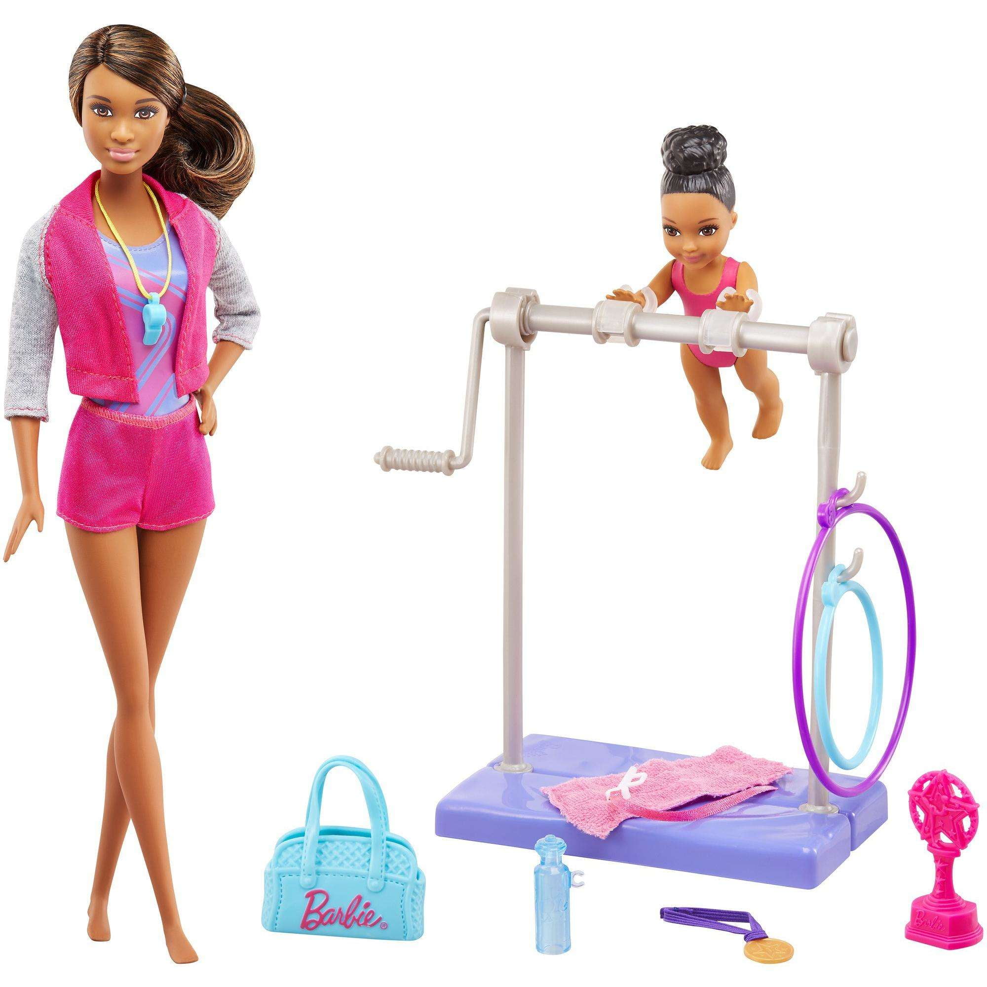Barbie Gymnastics Playset with Barbie Coach Doll, Small Doll, Spinning Bar,  Hoops, Ribbon & 5+ Accessories