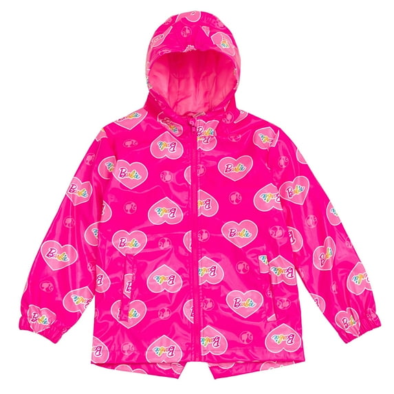 Barbie Hearts Zip Up Waterproof Hooded Rain Jacket Coat Logo Little Kid to Big Kid