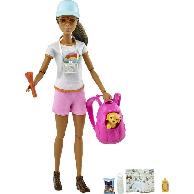 Barbie Hiking Doll with 9 Accessories Including Puppy, Backpack, Map & More, Brunette Doll