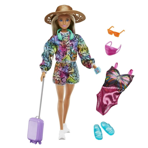 Barbie Holiday Fun Doll (12 Inches), Blonde Highlighted Hair, Travel tote & Summer Accessories, Kids 3 to 7 Years Old