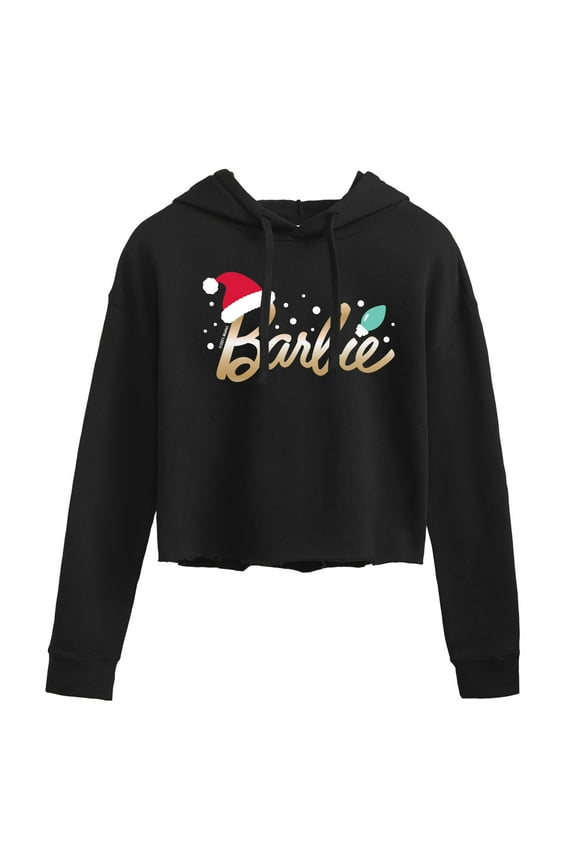 - Holidays & Christmas - Santa Hat Logo - Juniors Cropped Pullover Hoodie