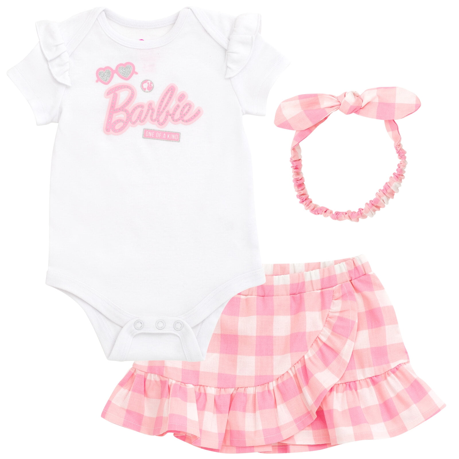 Barbie Infant Baby Girls Bodysuit Wrap Skirt and Headband 3 Piece Outfit Set Pink / White 12 Months